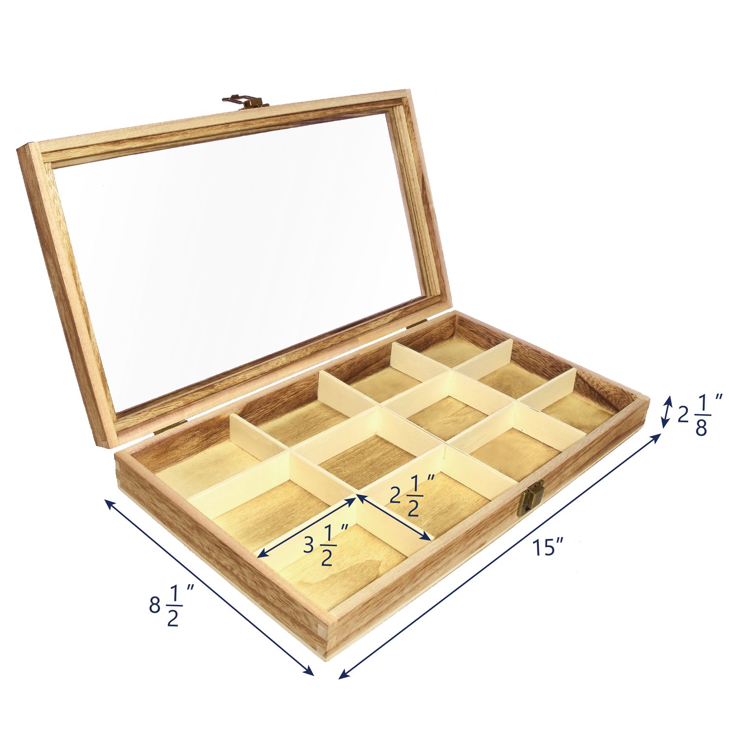 Elegant Wooden Jewelry Organizer Box with Glass Lid - 12 Compartment Jewelry Storage Tray for Rings, Bracelets, Gemstones & Small Accessories - Oak Finish - Perfect for Vanity, Dresser & Travel Jewelry Organization