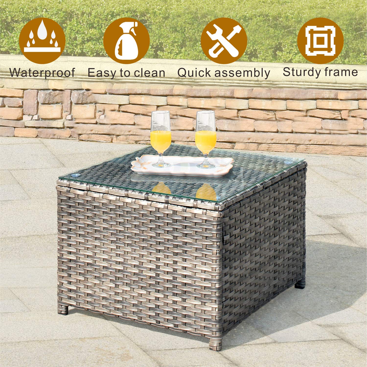Ovios Outdoor Side Table with Tempered Glass Top - Wicker Patio Coffee Table & Rattan Bistro End Table for Porch, Deck, Balcony, Garden, Poolside - Grey | Perfect for Outdoor Lounging, Entertaining Guests, and Poolside Relaxation