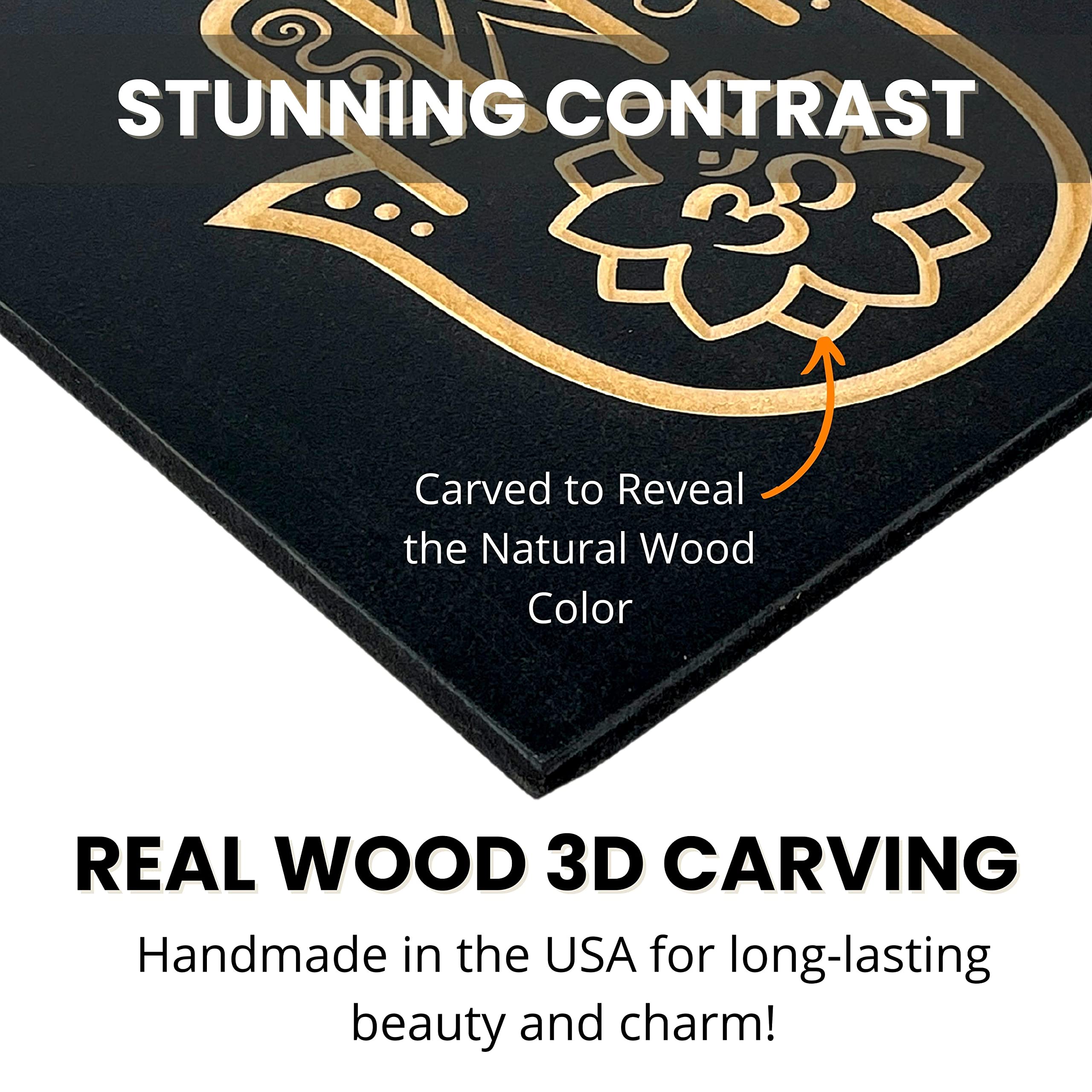 Hand Carved Black Wood Hamsa Hand Om Flower Wall Decor - 8 x 8 Inches Spiritual Wall Art for Pooja Room, Meditation Space & Home Decor - Indian Wooden Wall Hanging with Sacred OM Symbol - Perfect for Yoga Studios, Prayer Rooms & Boho Chic Interiors