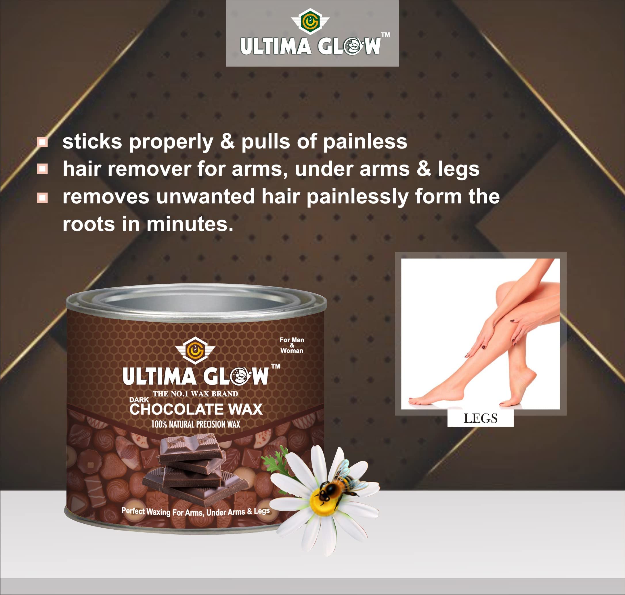 ULTIMA GLOW Dark Chocolate Strip & Stick Wax (600g) - Hair Removal Wax for Women & Men | Arms, Legs, Chest, Back & Full Body | Tan Removal | All Skin Types | At-Home Salon Waxing & Travel-Friendly Hair Removal