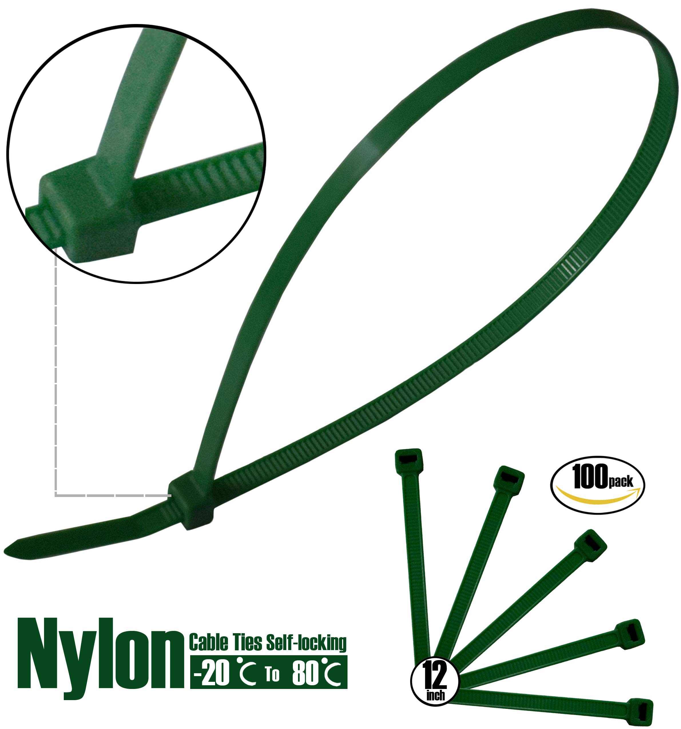 100 Pcs Heavy Duty 12-Inch Nylon Cable Zip Ties - Self-Locking Wire Ties for Organizing Cables, Wires & Bundles | Ideal for Home, Office, Garden, Electronics & DIY Projects (Green)