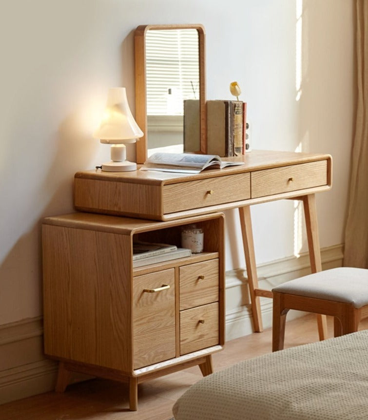 Solid Oak Wood Extendable Vanity Dressing Table with Mirror - Perfect for Bedroom Makeup & Jewelry Storage