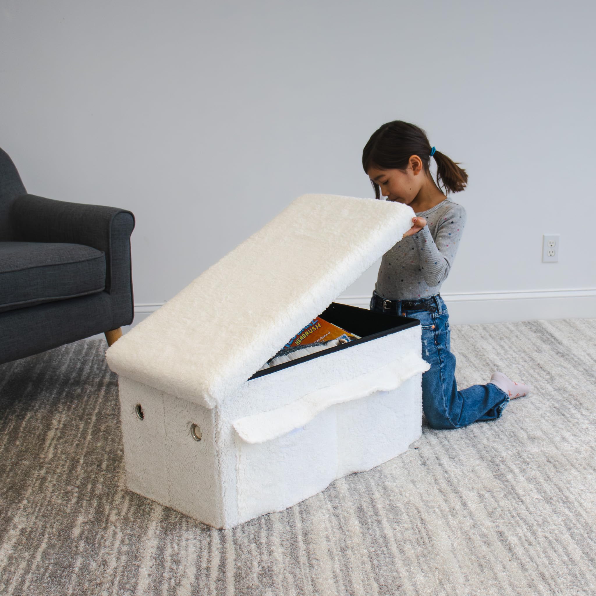 Humble Crew Shaggy Sherpa Collapsible Toy Storage Box Ottoman Bench with Lid - White | Kids Room Organization, Nursery Storage & Playroom Decor