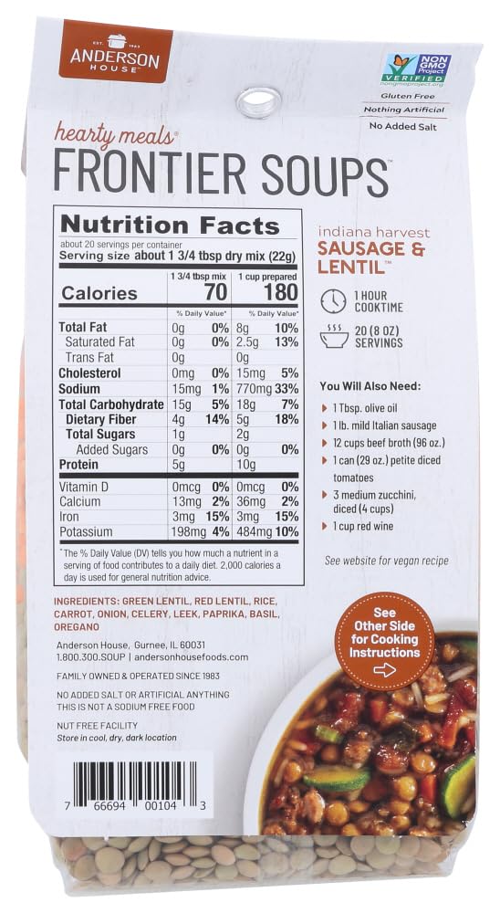 Frontier Soups Indiana Harvest Sausage & Lentil Soup Mix - Gluten Free, Non-GMO, 16 oz (Pack of 2) - Hearty & Flavorful Meal for Fall & Winter, Easy Homemade Dinner Solution
