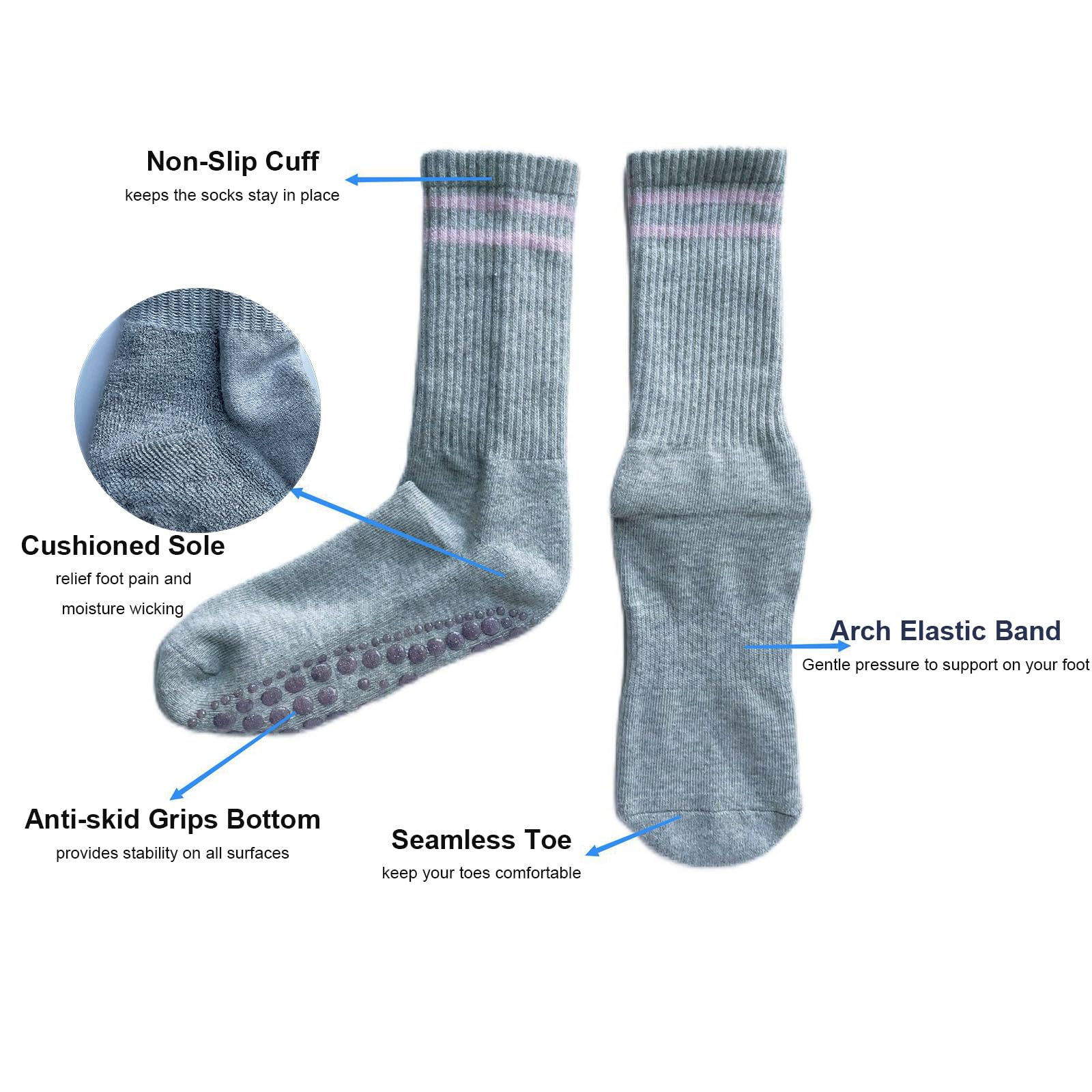 JCZANXI Non-Slip Yoga Socks for Women - Grippy Workout Socks for Yoga, Pilates, Barre & Dance - Cushioned Crew Socks with Toe Grip - Perfect for Home Fitness, Studio Classes & Cold Floors