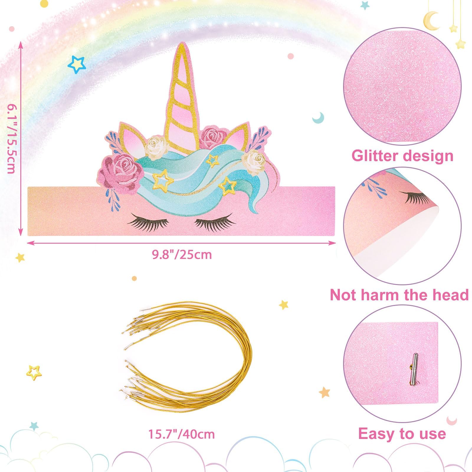WERNNSAI 12-Pack Unicorn Party Crowns for Kids - Glitter Paper Princess Tiara Headbands, Birthday Party Decorations, Classroom Supplies & Costume Accessories | Perfect for Unicorn Themed Parties, Dress-Up Play & School Events