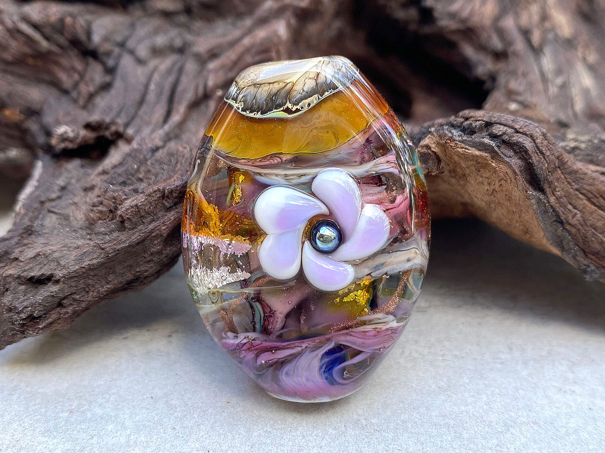 Handmade Purple Floral Organic Lampwork Glass Focal Bead for Jewelry Making - DIY Necklace, Bracelet, Earrings Craft Supplies - Perfect for Boho, Wedding & Gift Jewelry Designs