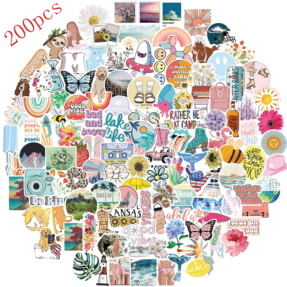 HCNOCNB 200pcs Waterproof Vinyl Stickers for Water Bottles - Cute Aesthetic Stickers for Girls, Kids & Teens - Colorful VSCO Style Decals for Hydro Flask, Laptops & Journals