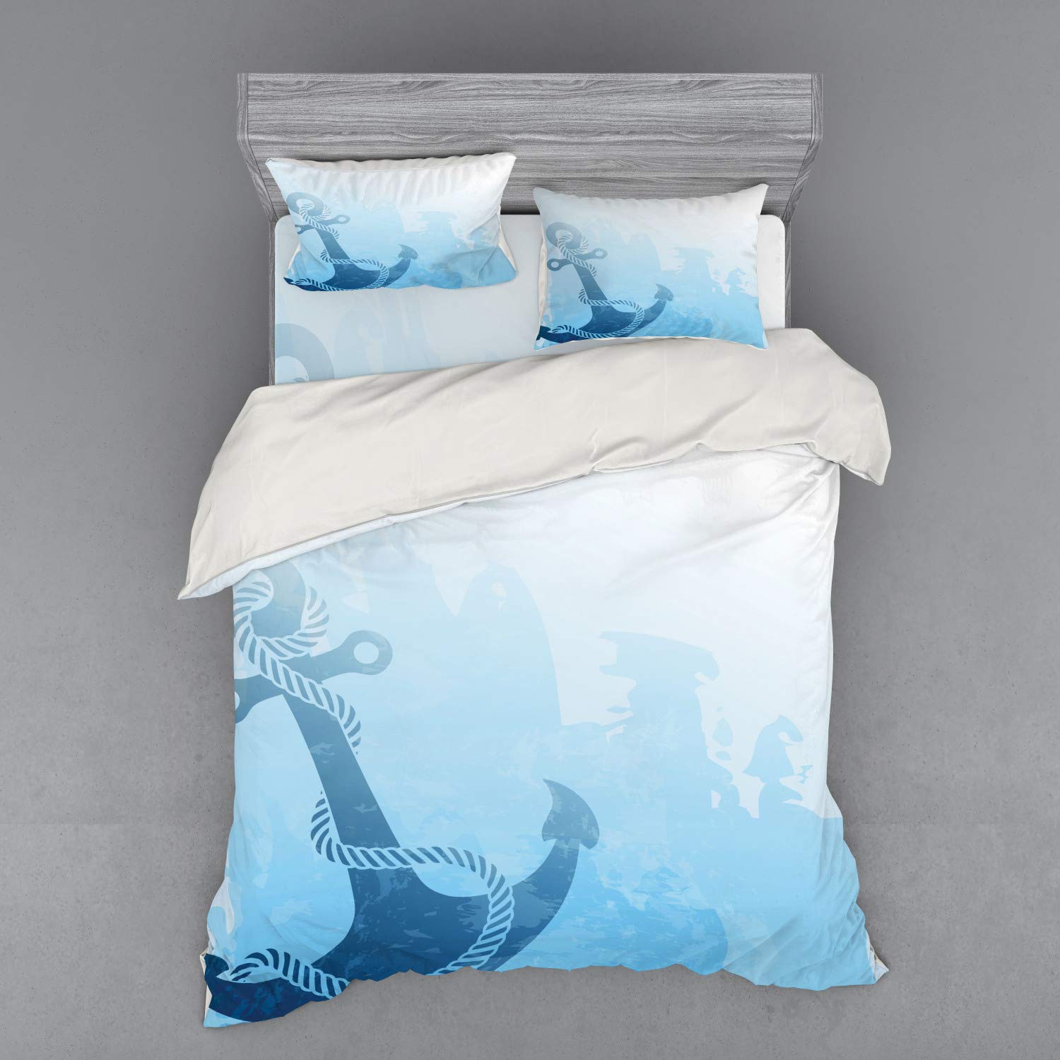 Ambesonne Nautical Queen Size Bedding Set - 4 Piece Duvet Cover with Pillow Shams & Fitted Sheet, Monochrome Anchor Design in Pale Blue | Strong & Stable Deep Sea Theme | Perfect for Coastal, Beach House or Nautical Themed Bedrooms