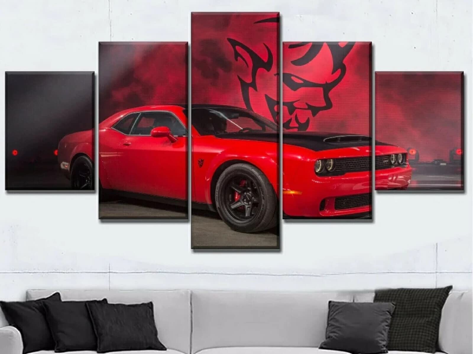Red Dodge Challenger Muscle Car 5-Panel Canvas Wall Art - HD Multi-Panel Canvas Print with Wooden Frame - Living Room Wall Decor for Home, Office & Man Cave