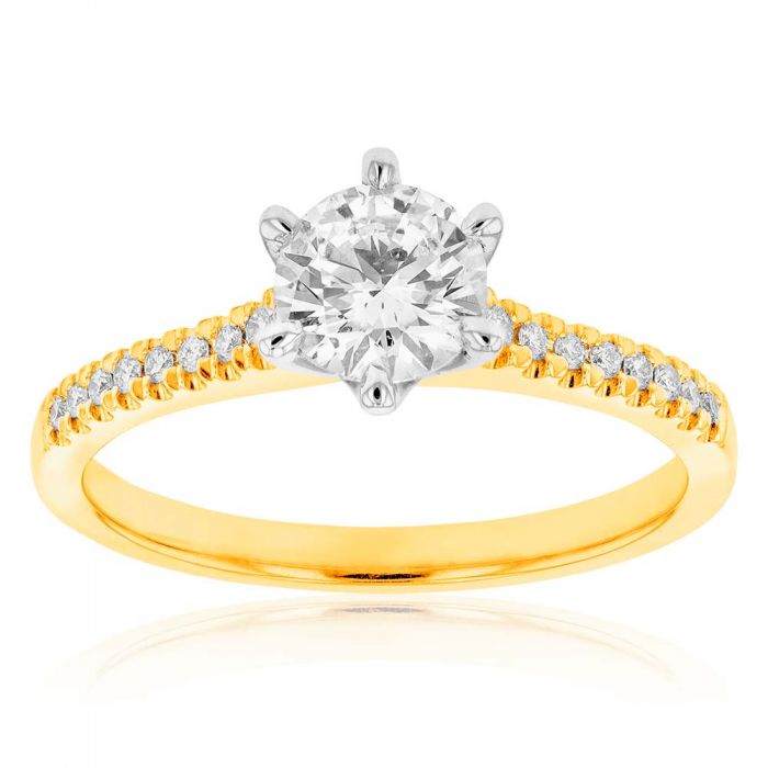 18ct Yellow Gold 3/4 Carat Diamond Solitaire Ring with 0.70ct Center Diamond & 16 Shoulder Diamonds - Perfect for Engagement, Wedding & Anniversary Gifts