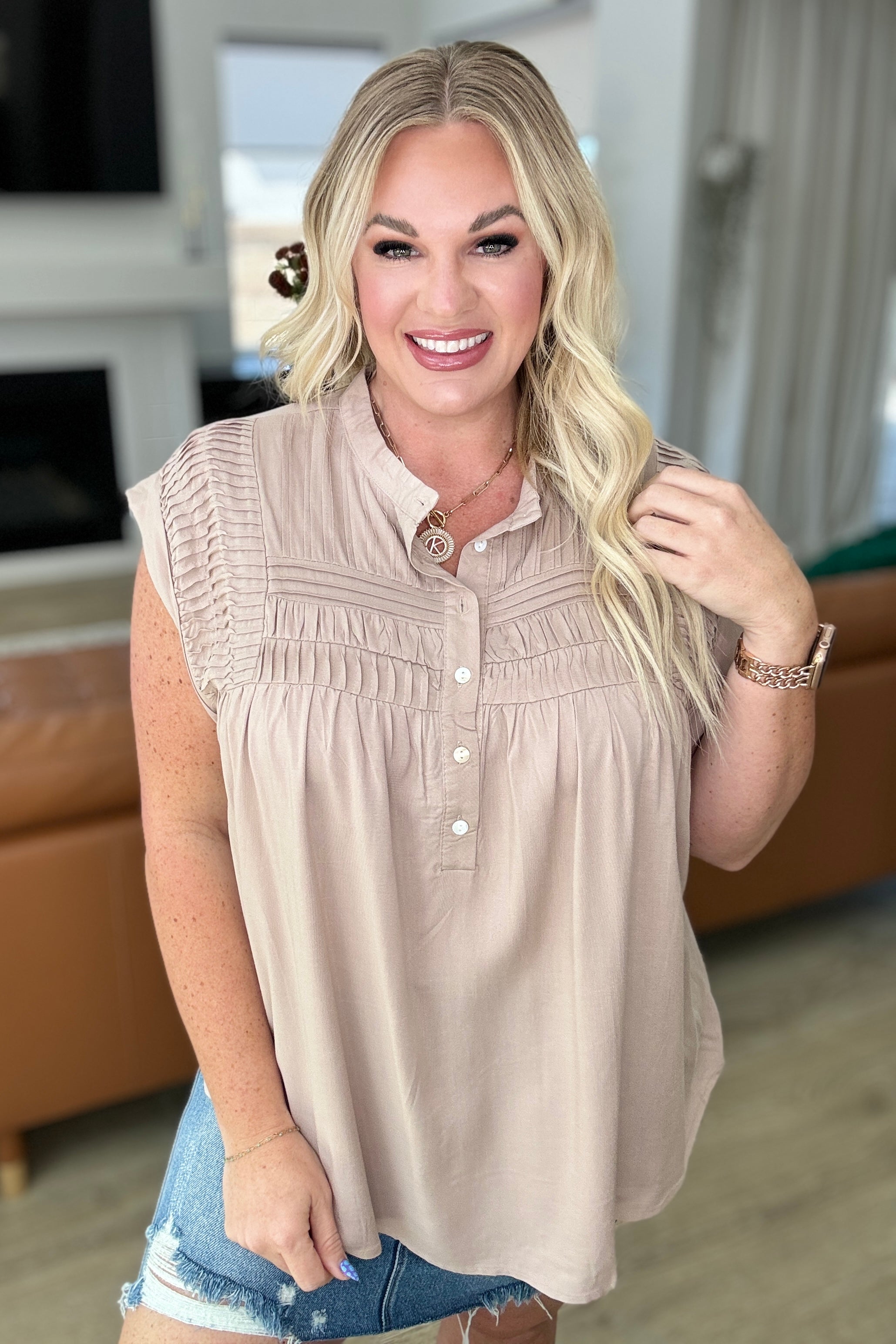 Elegant Pleat Detail Button Up Blouse in Taupe - Perfect for Office Wear & Casual Outfits