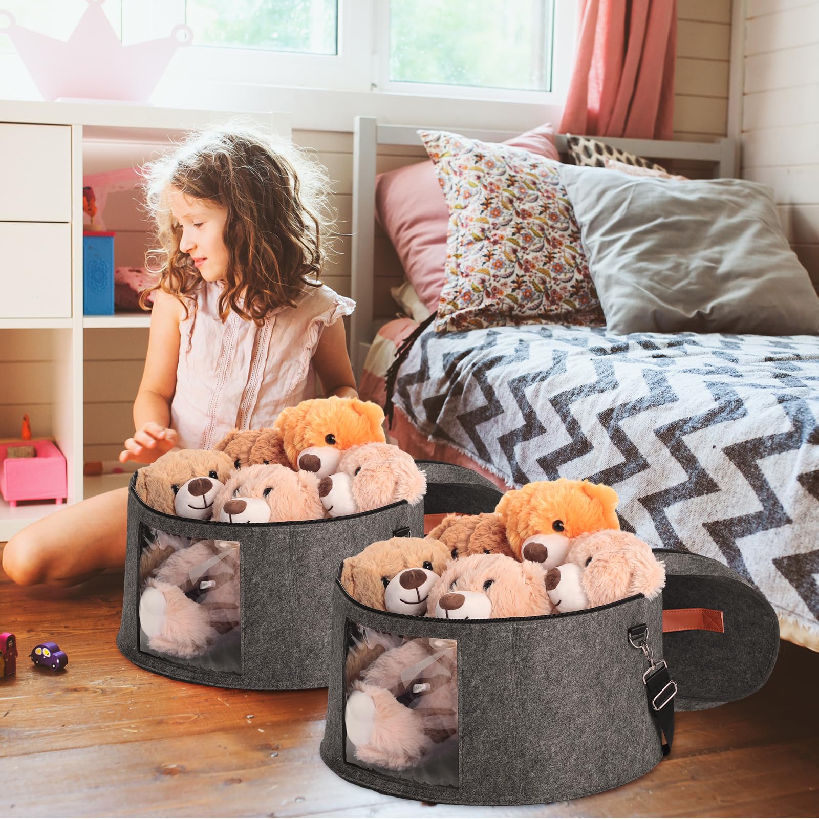 Suzile 4 Pack Large Round Foldable Felt Hat Storage Box for Women - 17 x 10 Inch Cowboy Hat Organizer with Lid, Closet Organizer for Hats, Clothes & Accessories (Gray) - Perfect for Home, Travel & Western Style Wardrobe Organization
