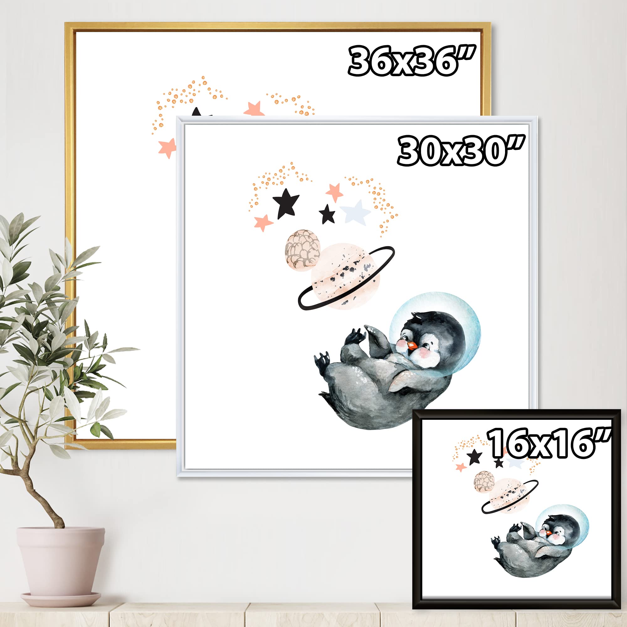 Little Penguin with Stars and Planets Framed Canvas Wall Art - Nursery Decor, Kids Room Decor, Farmhouse Style Wall Print for Bedroom & Living Room