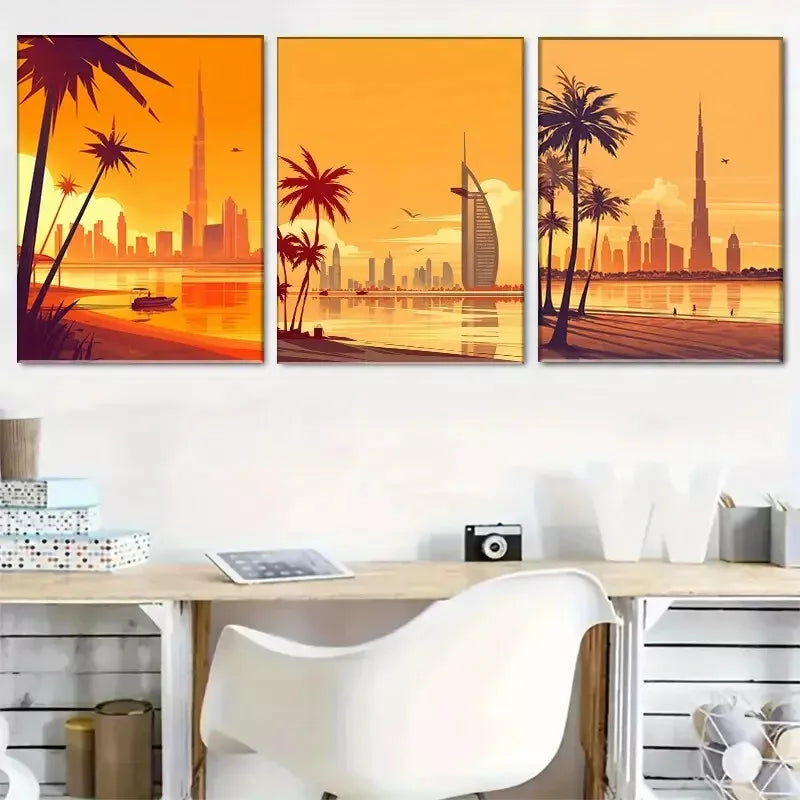 3-Piece Dubai Rusty Skyline Painting Art Set - Framed Canvas 50x70cm - High Quality Print - 100% Australian Made - Wall Art Ready to Hang - Perfect for Living Room, Bedroom & Office Decor