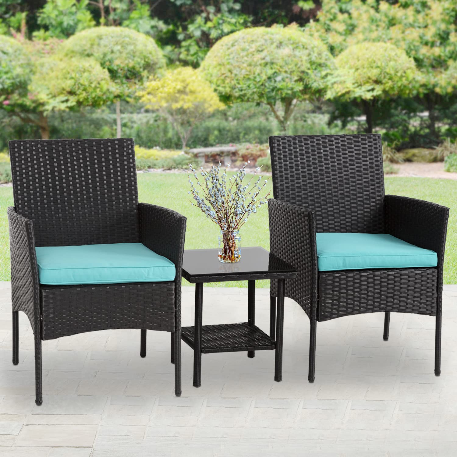 FDW 3-Piece Outdoor Patio Furniture Set - Wicker Rattan Bistro Chairs with Blue Cushions & Glass Coffee Table - Perfect for Garden, Balcony, Backyard, Porch & Lawn Relaxation