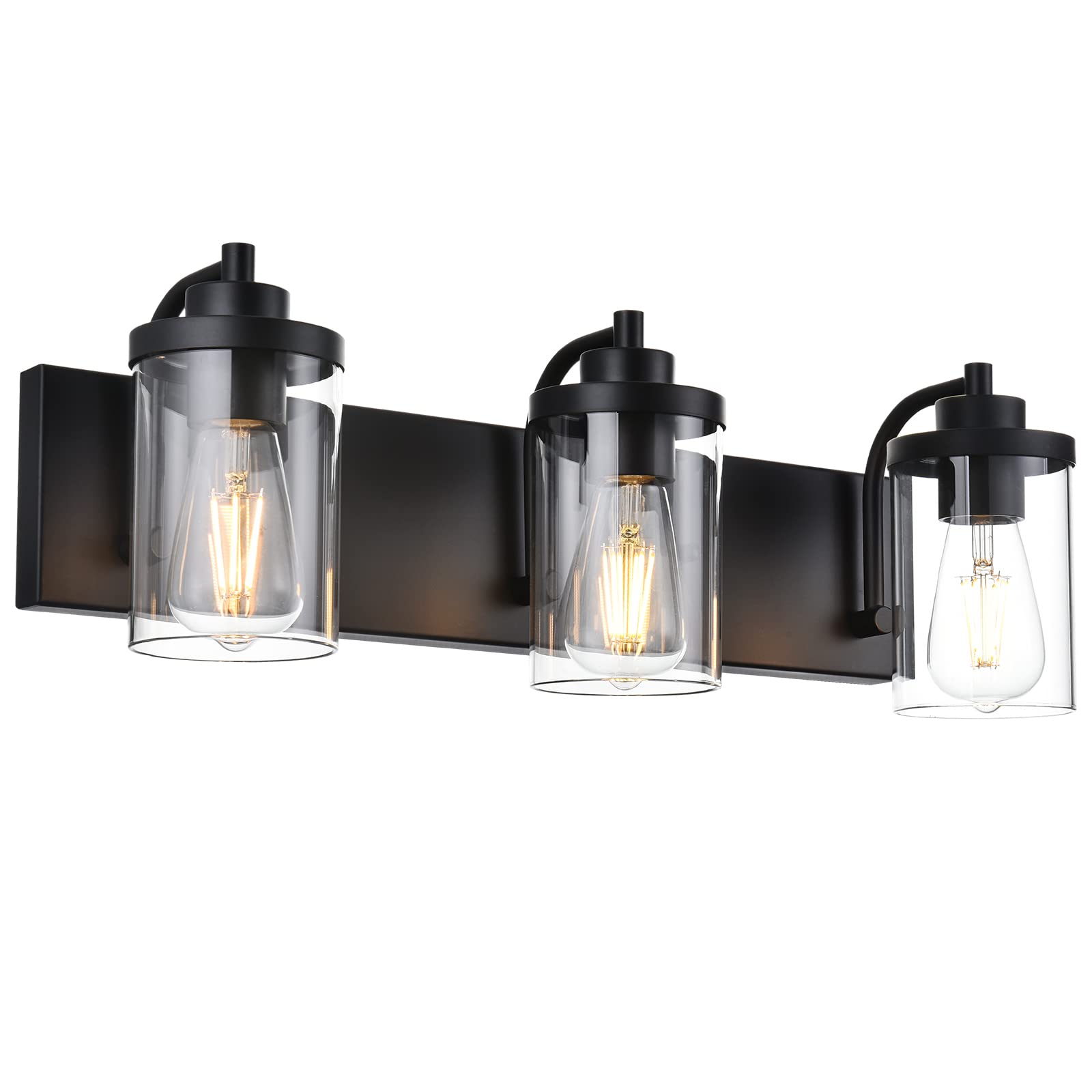 3-Light Black Industrial Bathroom Vanity Light Fixture with Clear Glass Shade - Modern Wall Sconce Lighting for Bathroom, Living Room, Kitchen & Bedroom - Perfect for Home Decor, Vanity Mirror Lighting and Ambient Illumination