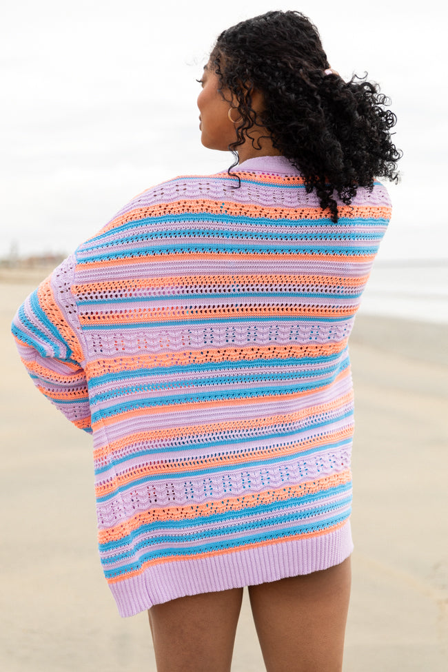 Stylish Purple Multi-Striped Open Knit Cardigan for Women | Lightweight Summer Cover-Up | Perfect for Beach, Office & Casual Outings