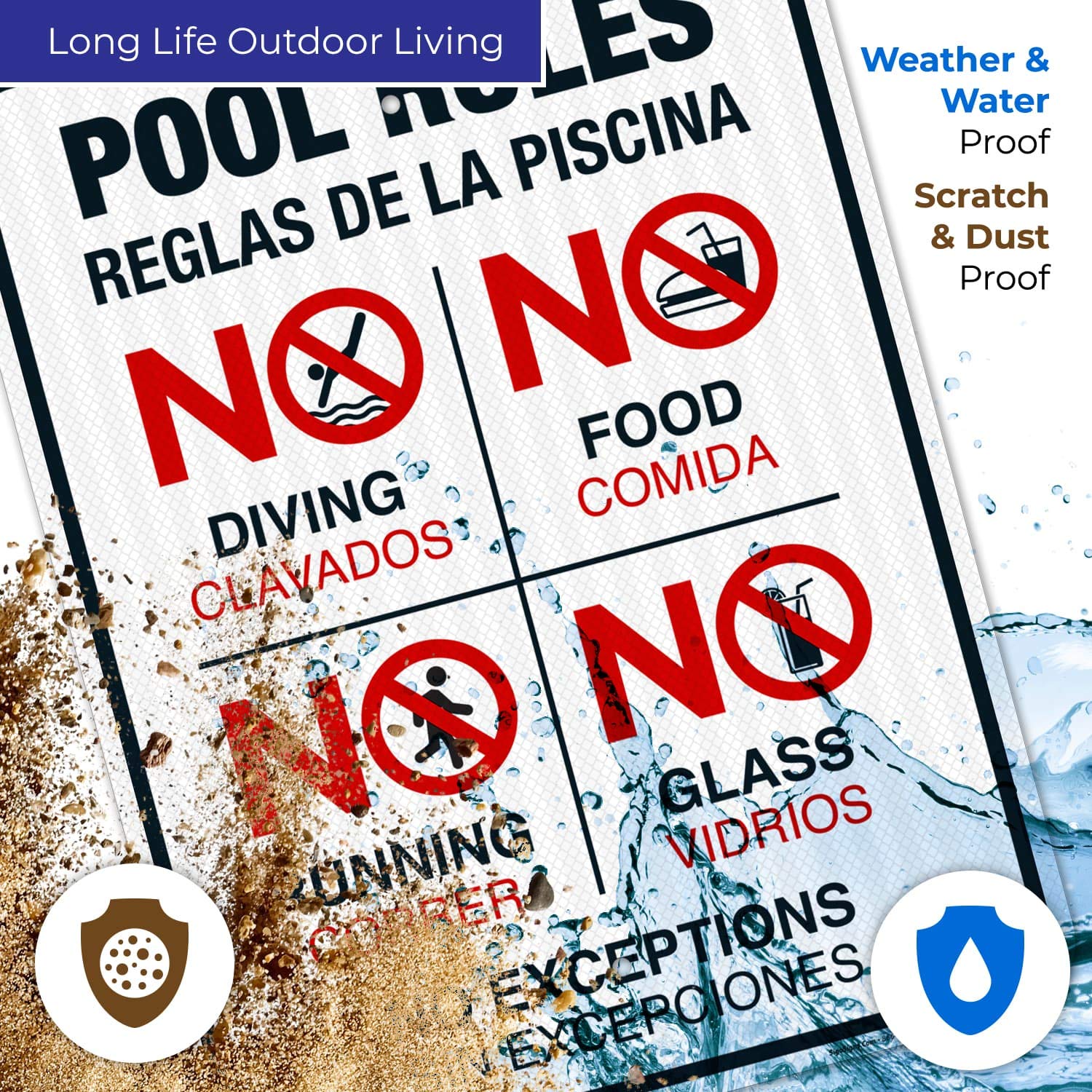 Bilingual Pool Rules Sign - No Diving, No Running, No Food, No Glass | 18x24 Inches | 3M EGP Reflective .080 Aluminum | Fade Resistant | Indoor/Outdoor Use | Made in USA | Perfect for Public Pools, Water Parks & Backyard Swimming Areas