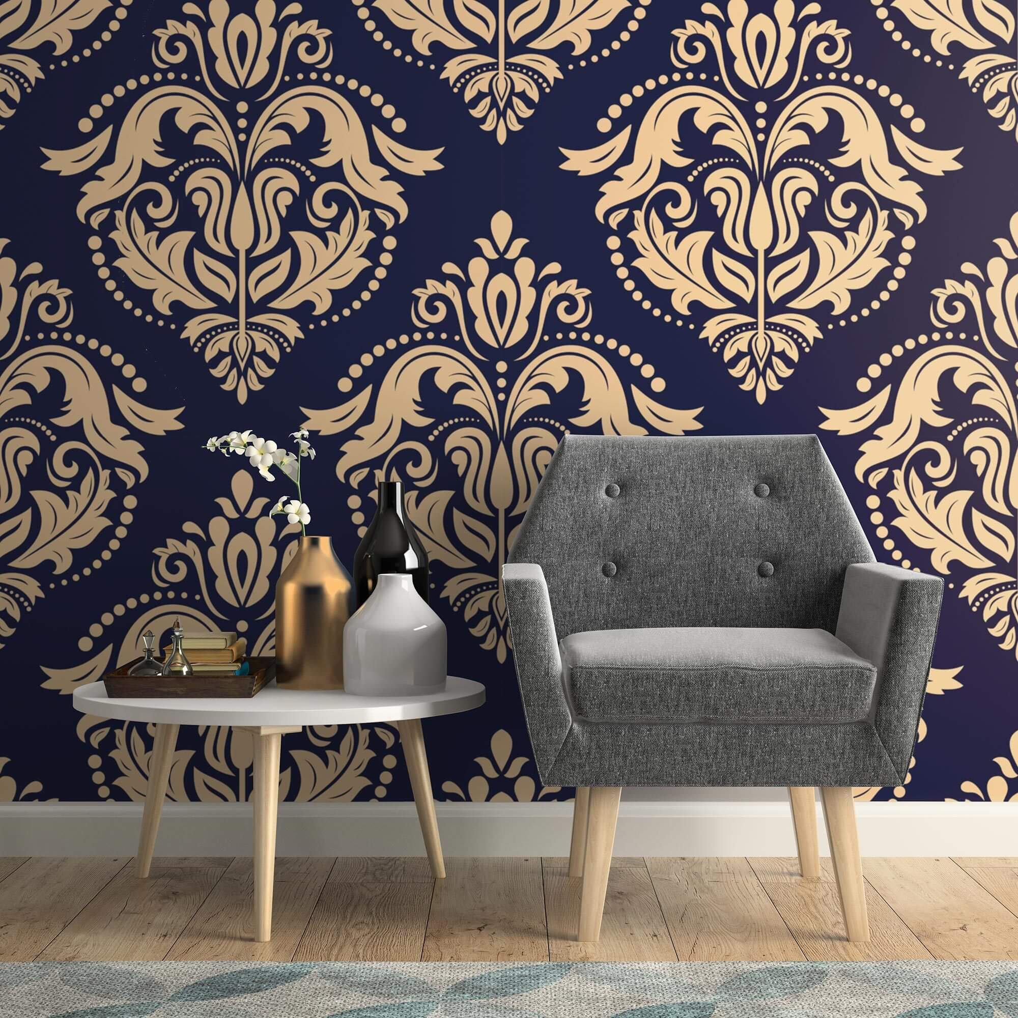 Beige and Blue Damask Peel and Stick Removable Wallpaper - Self-Adhesive Decorative Wall Covering for Bedroom, Living Room, Nursery & Home Office