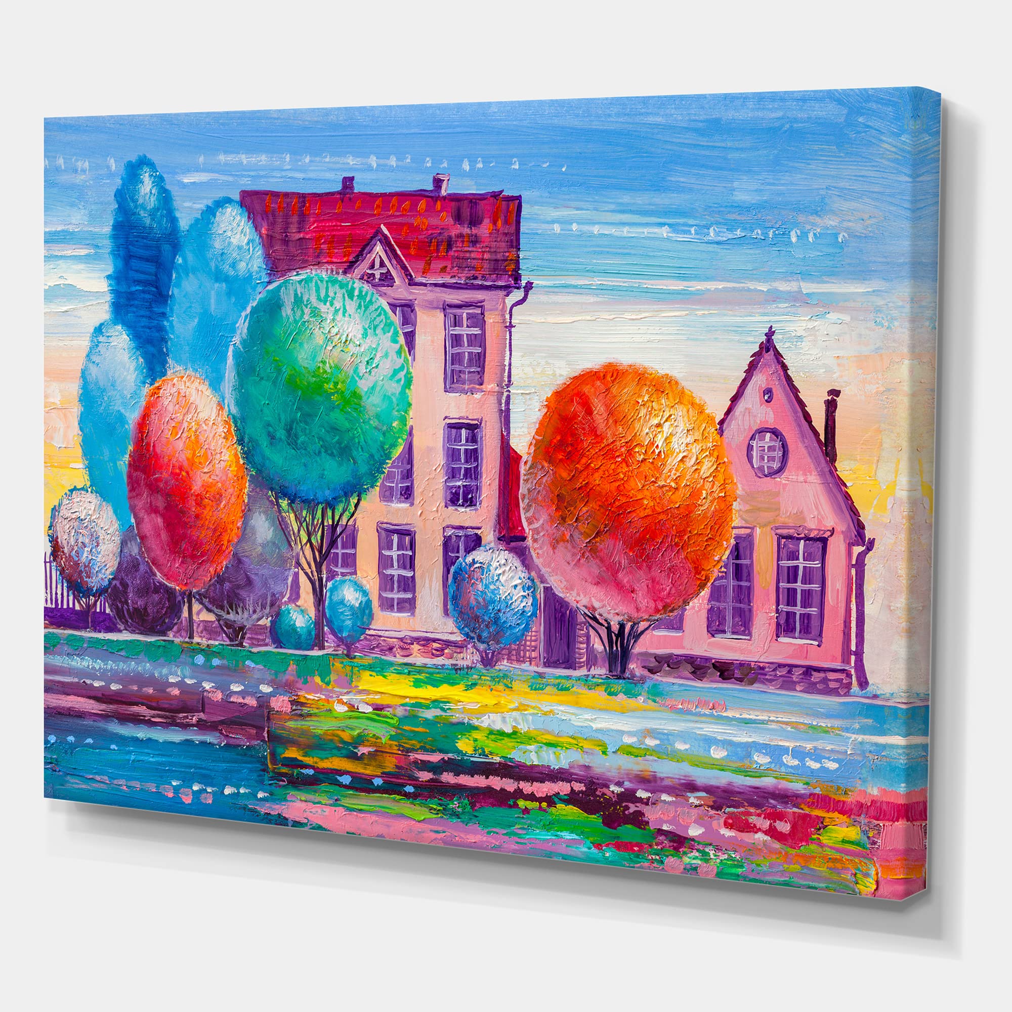 DesignQ Daydream House In The Village - Traditional Landscape Canvas Wall Art Painting for Living Room, Bedroom & Office Decor