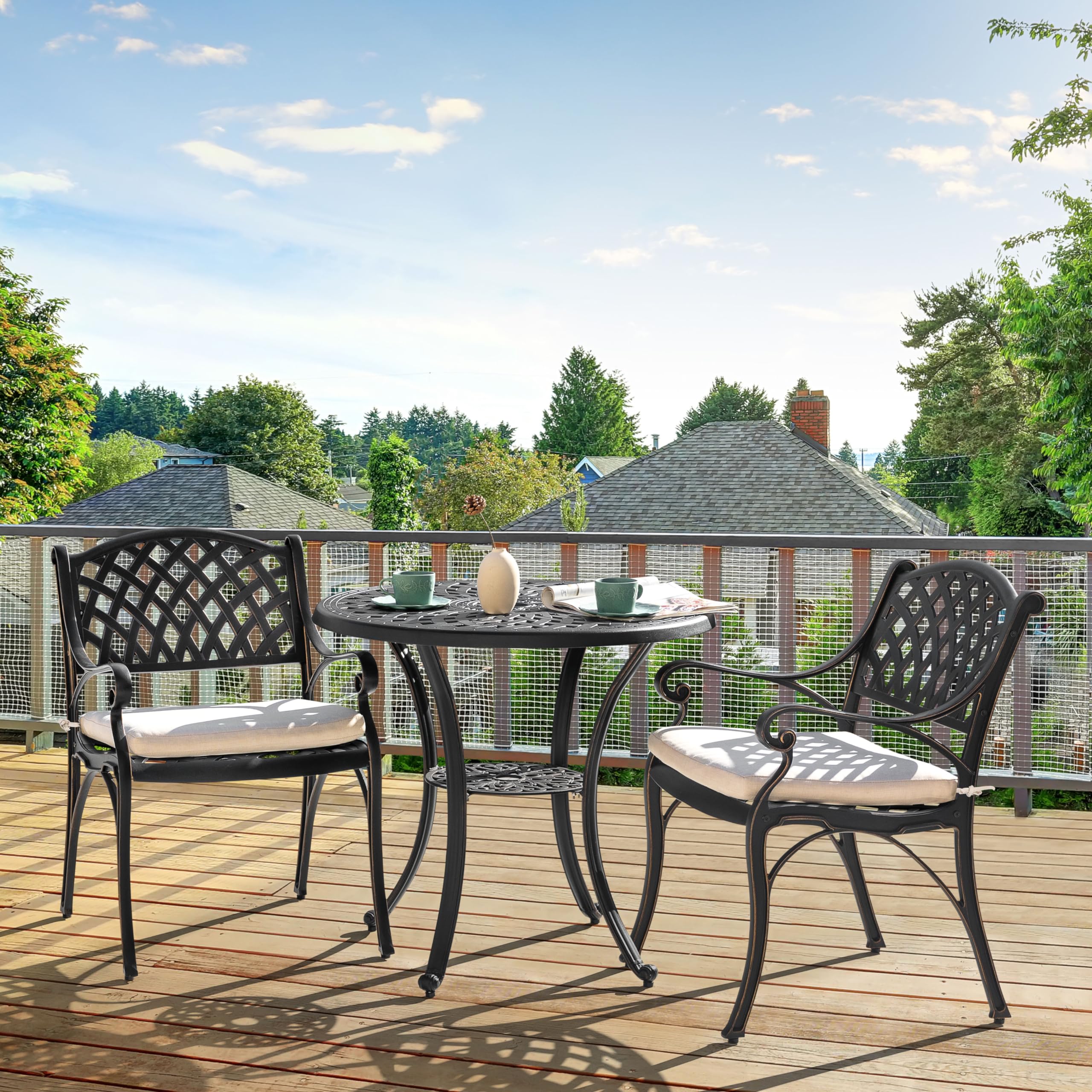 NUU GARDEN 3-Piece Outdoor Bistro Set - Rustproof Cast Aluminum Patio Table & Chairs with Umbrella Hole & Beige Cushions - Perfect for Backyard, Balcony, Front Porch, Garden or Poolside Dining - Black