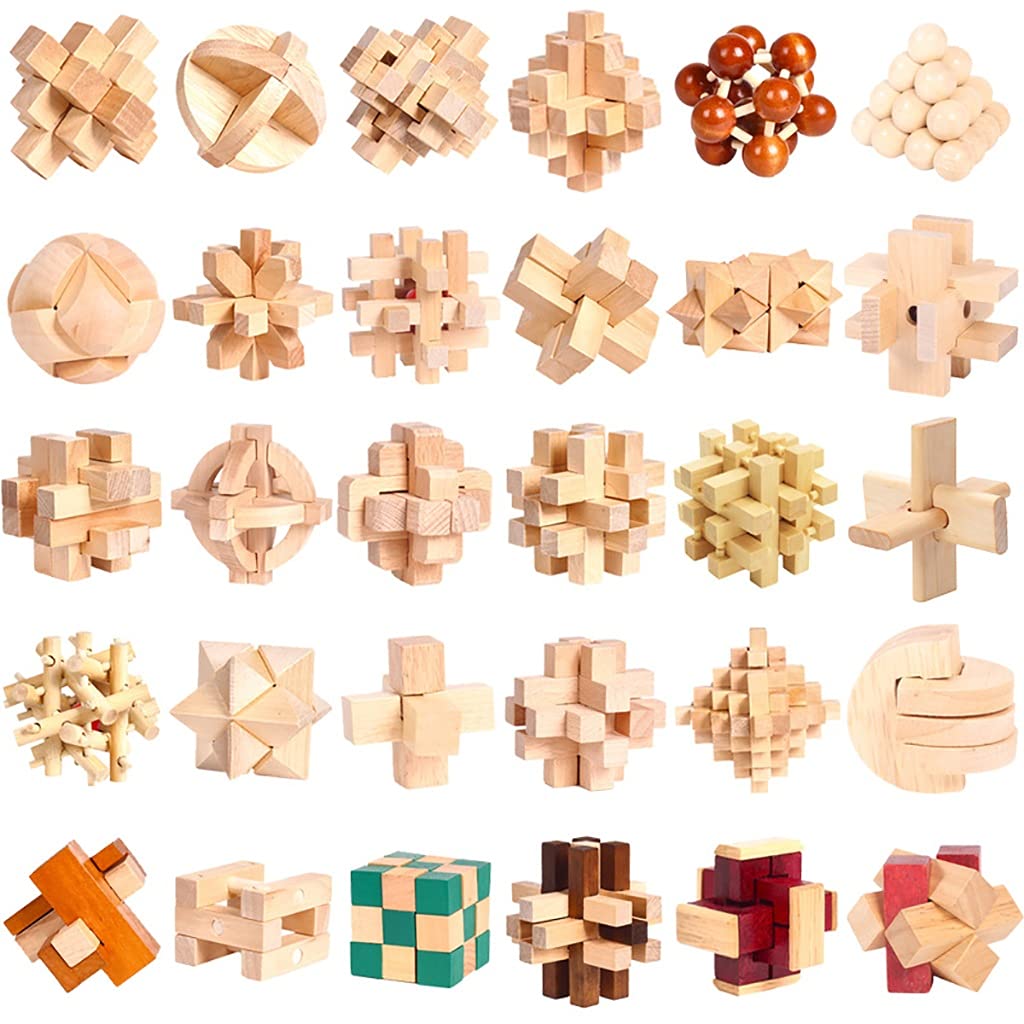 3D Luban Lock Wooden Brain Teaser Puzzle - Stress Relief & Educational Toy for Kids & Adults | Kongming Lock Interlocking Building Blocks | STEM Learning & Party Gift (30pcs, Hemu Theaceae Design) | Perfect for Office Desk, Classroom, and Family Game Night