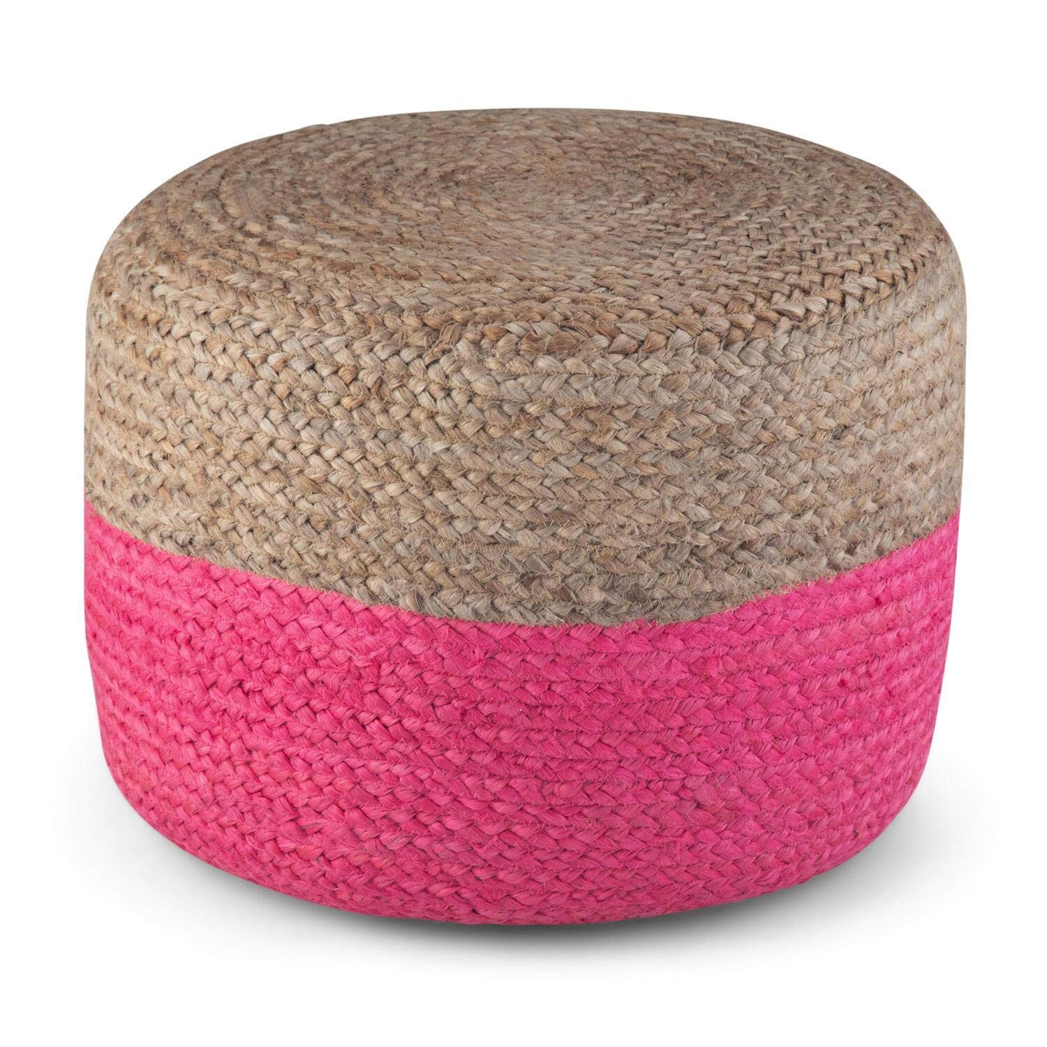SIMPLIHOME Lydia Round Pouf - Pink Upholstered Footstool with Natural Braided Jute Accent | Boho Chic Ottoman for Living Room, Bedroom & Nursery | Perfect for Relaxing, Extra Seating & Home Decor