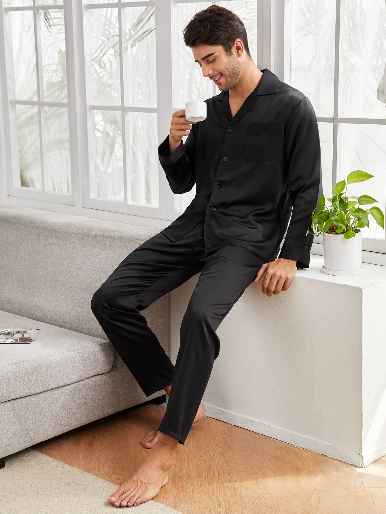 WDIRARA Men's Satin Pajama Set - 2 Piece Button Up Shirt & Pants Sleepwear for Comfortable Lounge Wear - Perfect for Relaxing at Home, Nighttime Sleep & Cozy Weekends