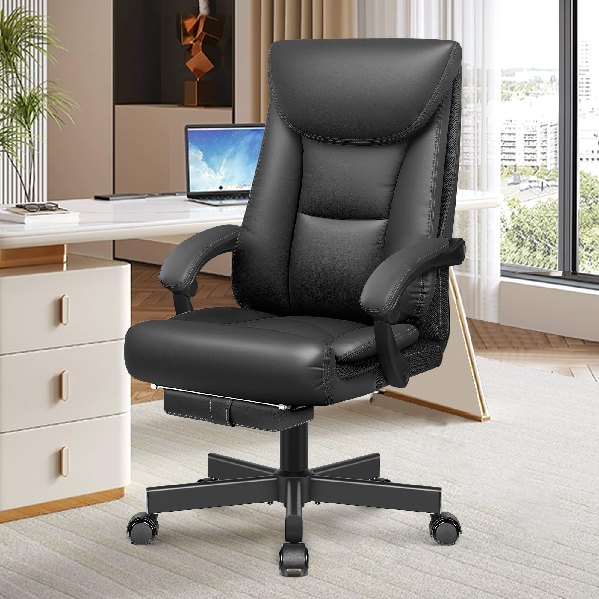 Premium Ergonomic Office Chair for Big & Tall - High Back Executive Leather Desk Chair with Lumbar Support, Swivel & Wheels - Perfect for Home Office, Gaming & Workspaces (Black)