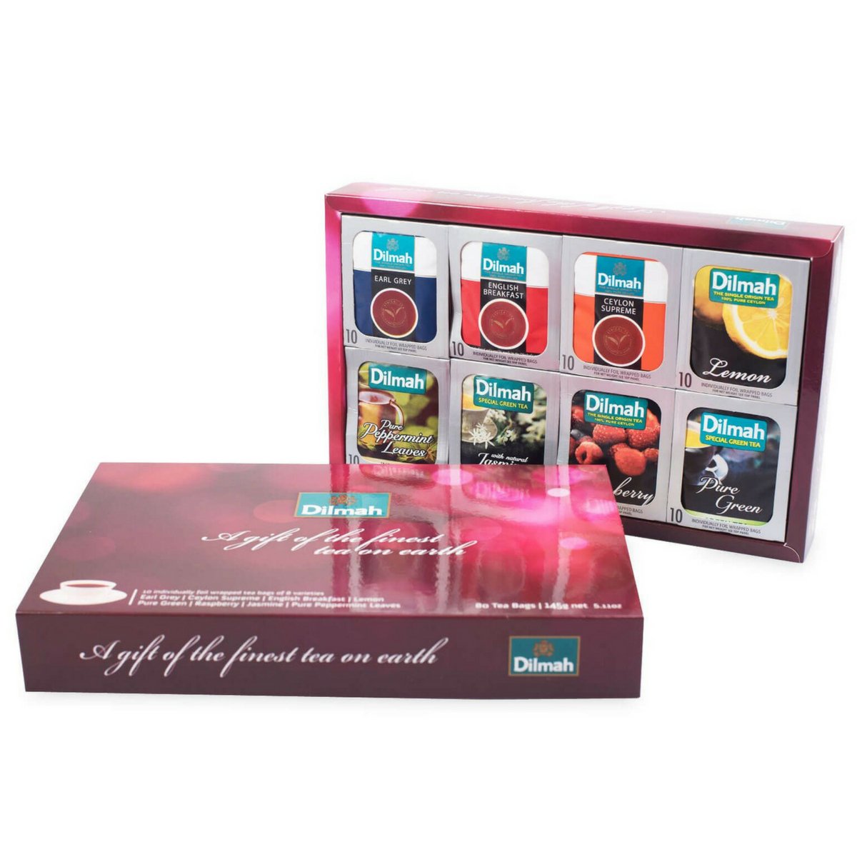Premium Dilmah Red Illusion Gift Pack - 80 Tea Bags (6 Pack) - Assorted Flavors: Earl Grey, English Breakfast, Ceylon Supreme, Lemon, Peppermint, Jasmine, Strawberry & Pure Green Tea - Perfect for Gifting, Office, Afternoon Tea & Relaxation