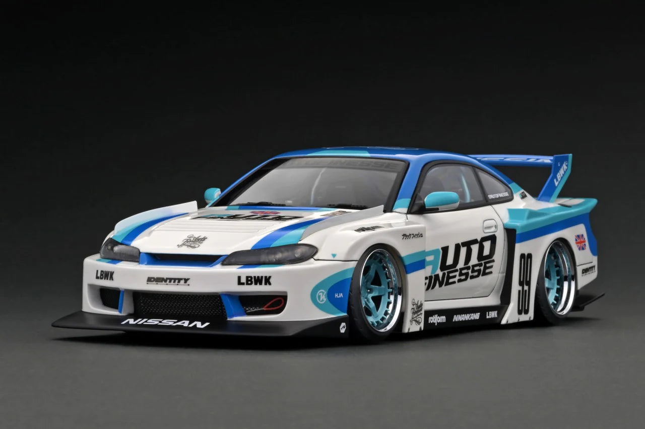 1:18 Scale Nissan Silvia S15 LBWK Super Silhouette Diecast Model Car - White & Blue Racing Collectible - Perfect for Display, Racing Enthusiasts, and Car Model Collections