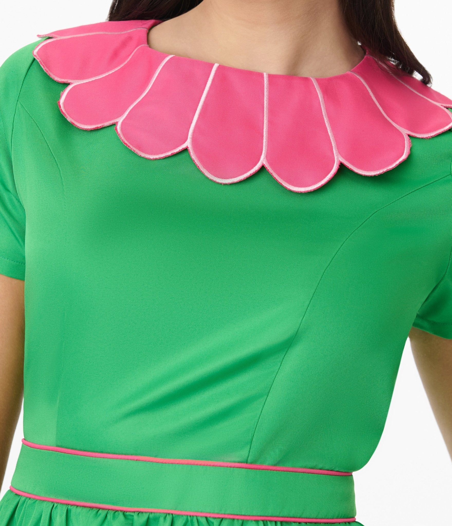 Smak Parlour Green & Hot Pink Petal Collar Flare Dress - Women's Vintage Style Party Dress for Cocktail, Wedding & Special Occasions