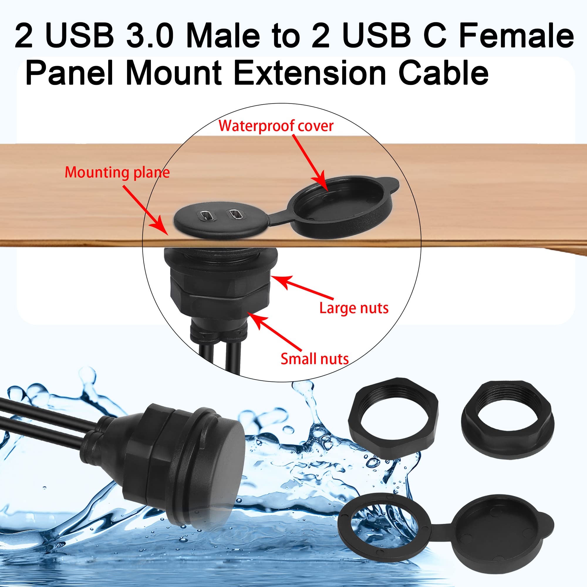 QIANRENON Dual USB C to USB 3.0 Waterproof Panel Mount Adapter - 2 USB 3.0 Male to 2 USB C Female Flush Mount Extension Cable (1m/3.3ft) - for Marine, Automotive & Outdoor Use in Cars, Boats, Trucks, Yachts & Motorcycles