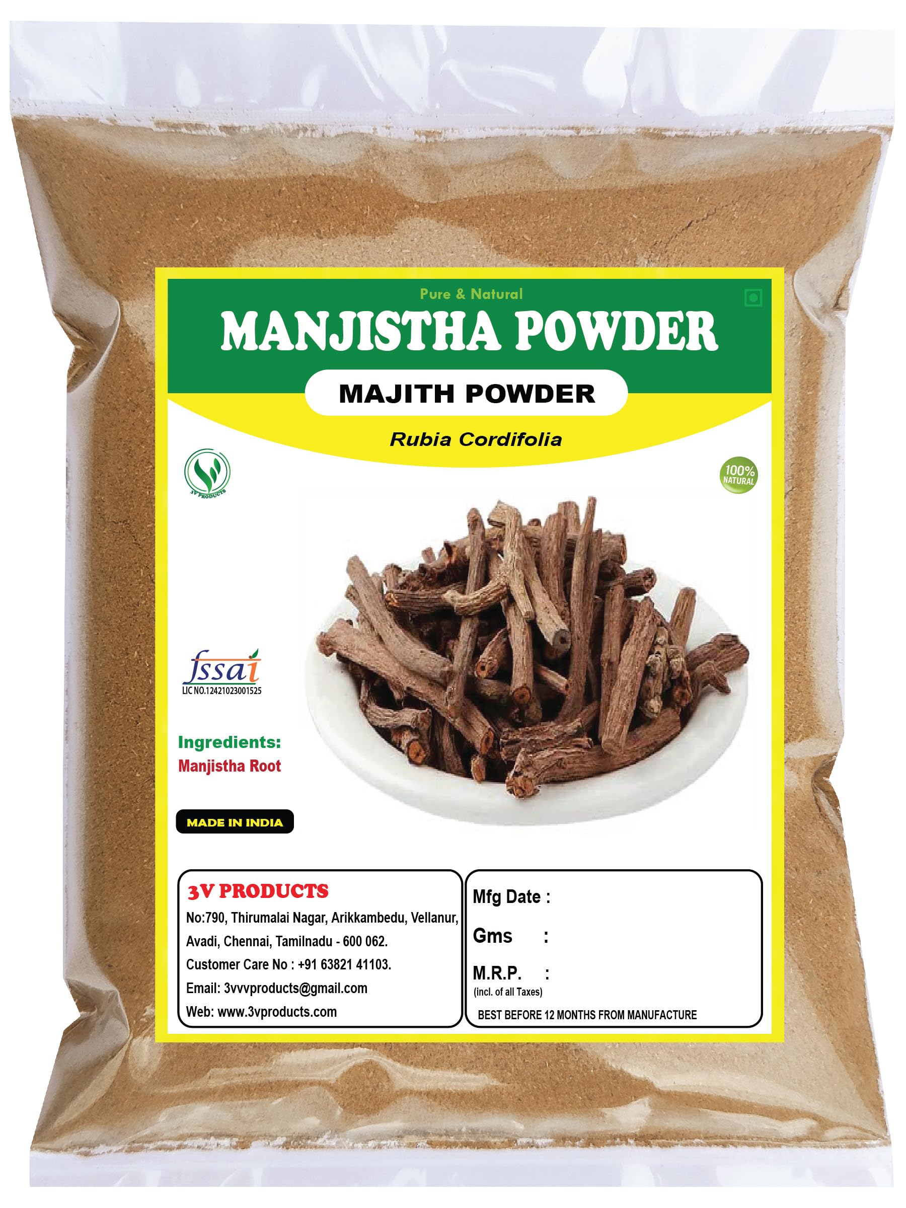 3V PRODUCTS Manjistha Powder - 2x100g Pack - Rubia Cordifolia | Majith | Indian Madder for Face, Skin, Hair & Health Benefits - Natural Herbal Remedy for Glowing Skin & Healthy Hair Care
