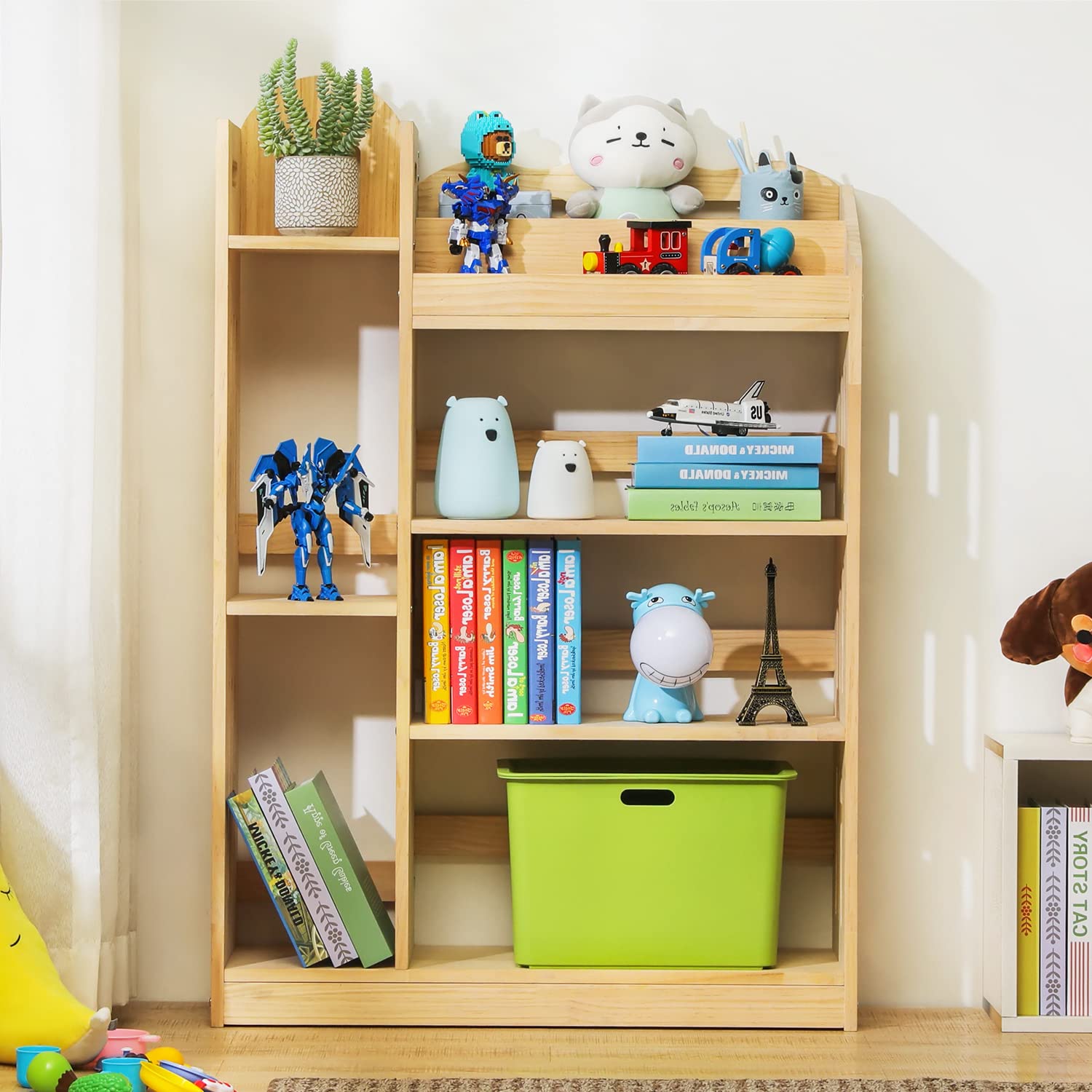 MoNiBloom Wooden Bookshelf with Organizer - Multifunctional Storage Cabinet for Small Spaces, Playroom & Bedroom - Natural Finish Display Shelf for Books, Toys & Home Decor | Perfect for Kids Room Organization & Compact Living Spaces