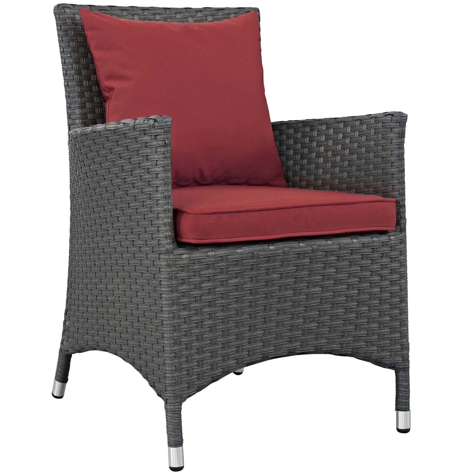 Modway EEI-2243-CHC-RED-SET Sojourn Wicker Rattan Outdoor Patio Dining Chairs Set of 4 - Sunbrella Canvas Red Armchairs for Garden, Poolside & Backyard Relaxation