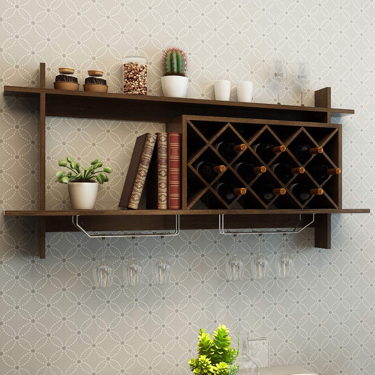 Sturdy Wall Mount Wine Rack with Glass Holder & Storage Shelf - Perfect for Kitchen, Dining Room, Bar, and Home Decor