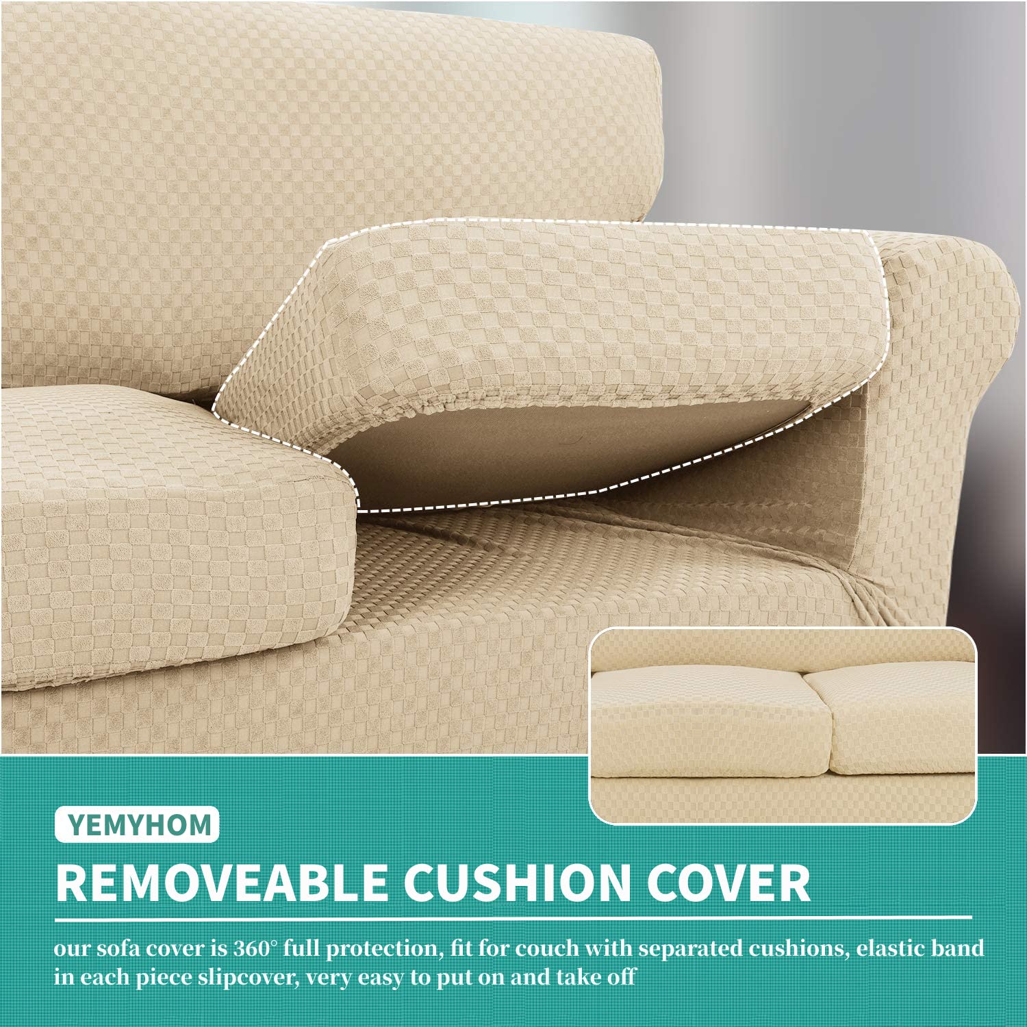 YEMYHOM 4-Piece Checkered Stretch Sofa Cover Set for 3-Cushion Couches (91