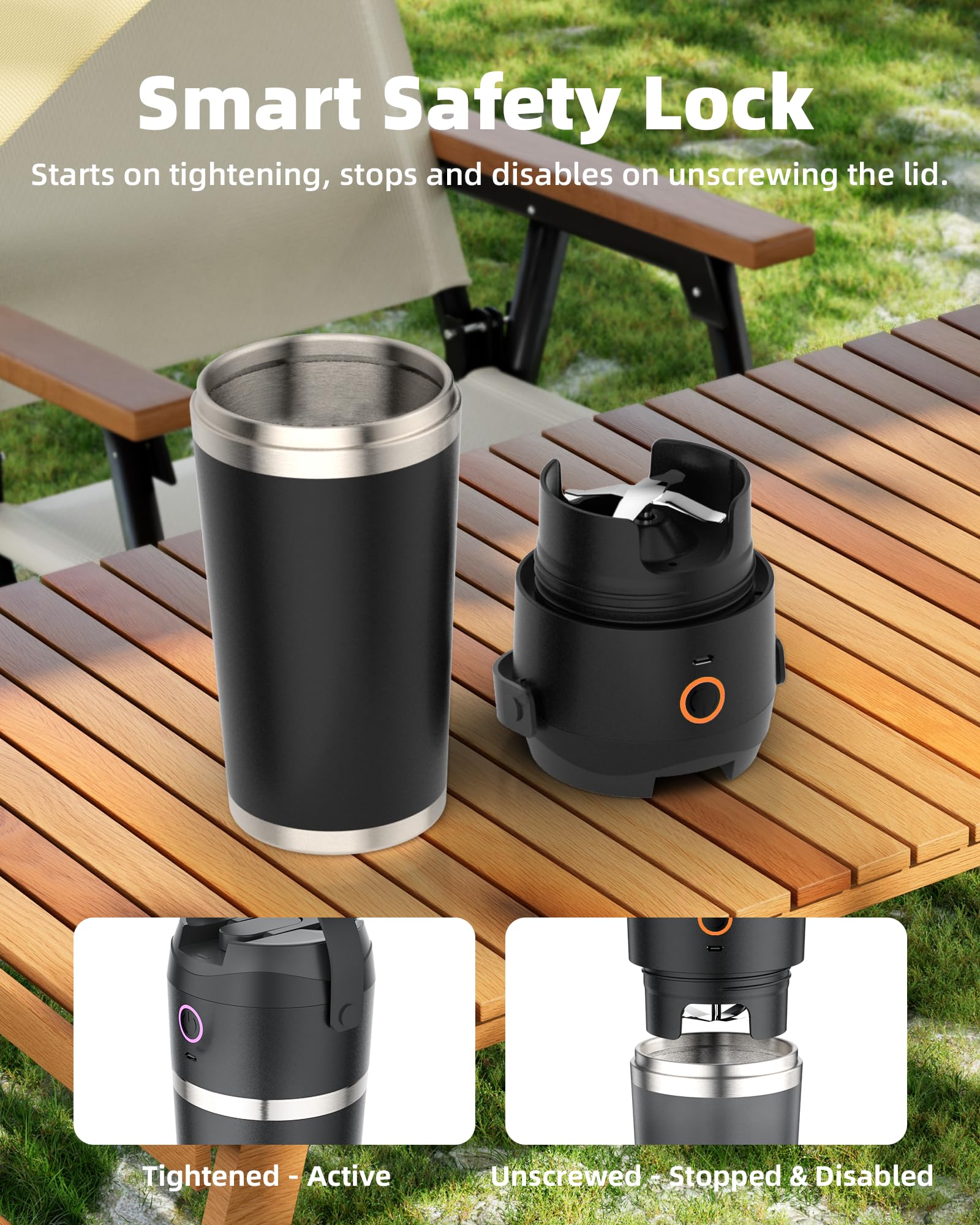 Portable Blender with Insulated Stainless Steel Cup - 20oz Personal Smoothie Maker with 11.1V High-Torque Motor, 24-Hour Cold Retention, USB-C Rechargeable & Self-Cleaning - Perfect for Travel, Gym, Office & Home Use - Includes Travel Lid (Black)
