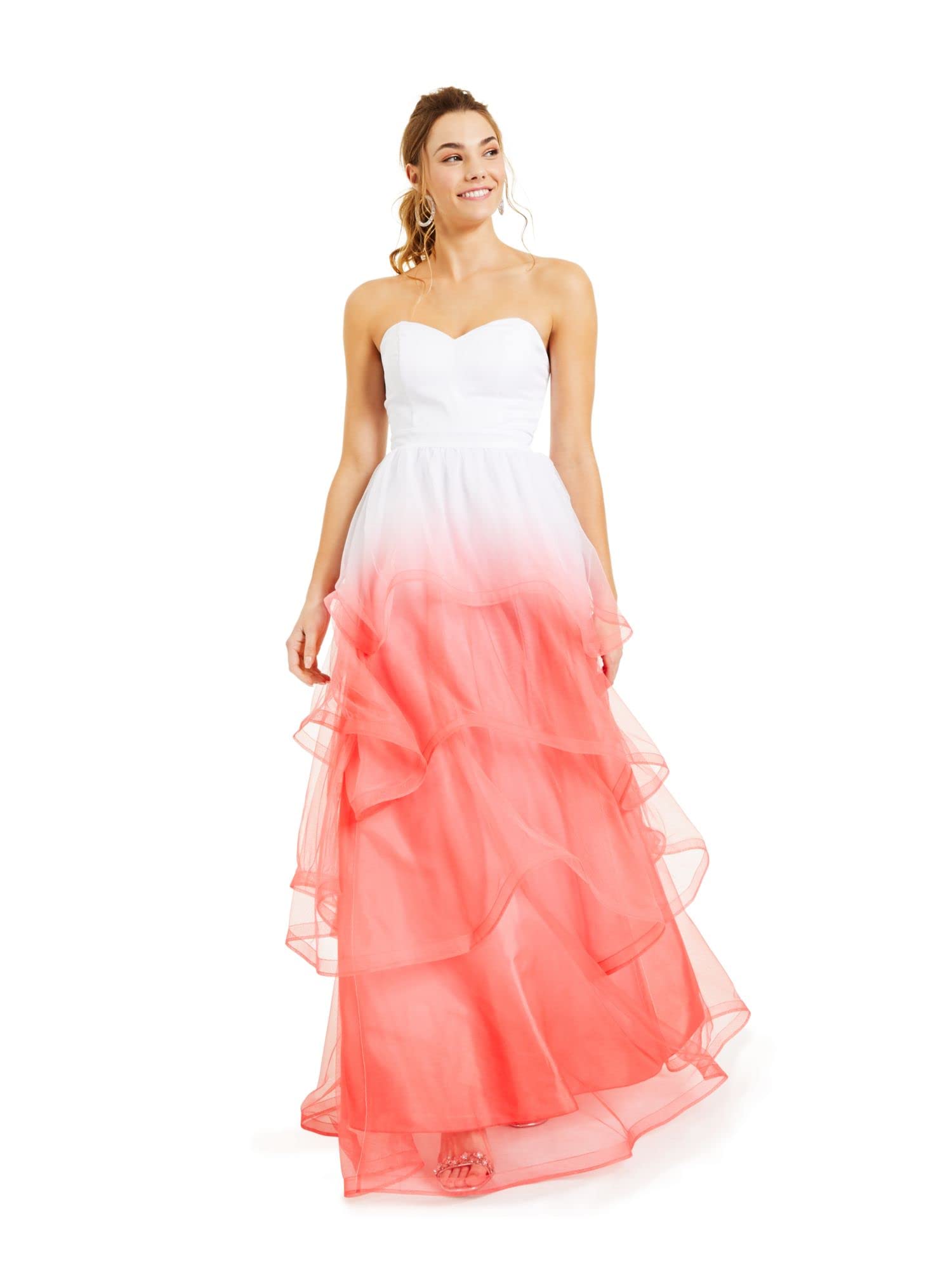 Crystal Dolls Women's Coral Ombre Strapless Formal Fit & Flare Gown - Elegant Evening Dress for Prom, Wedding & Special Occasions