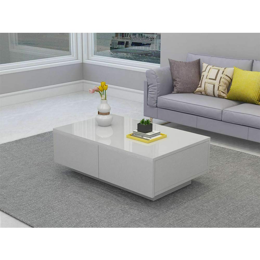 Modern White High Gloss Coffee Table with Drawer - 37.4