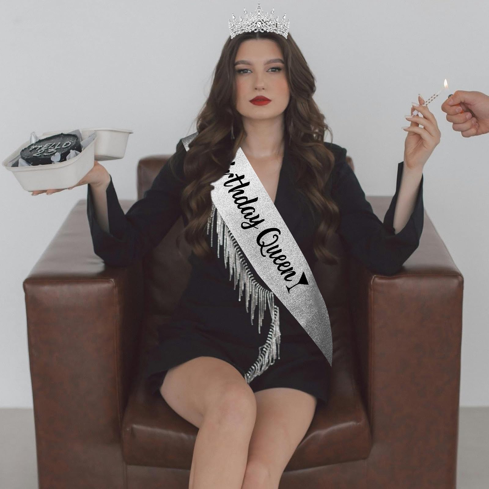 Elegant Silver Birthday Queen Sash & Crystal Crown Set for Women & Girls - Perfect for Princess Parties, Adult Birthdays & Special Celebrations - Ideal Birthday Gift & Party Decoration