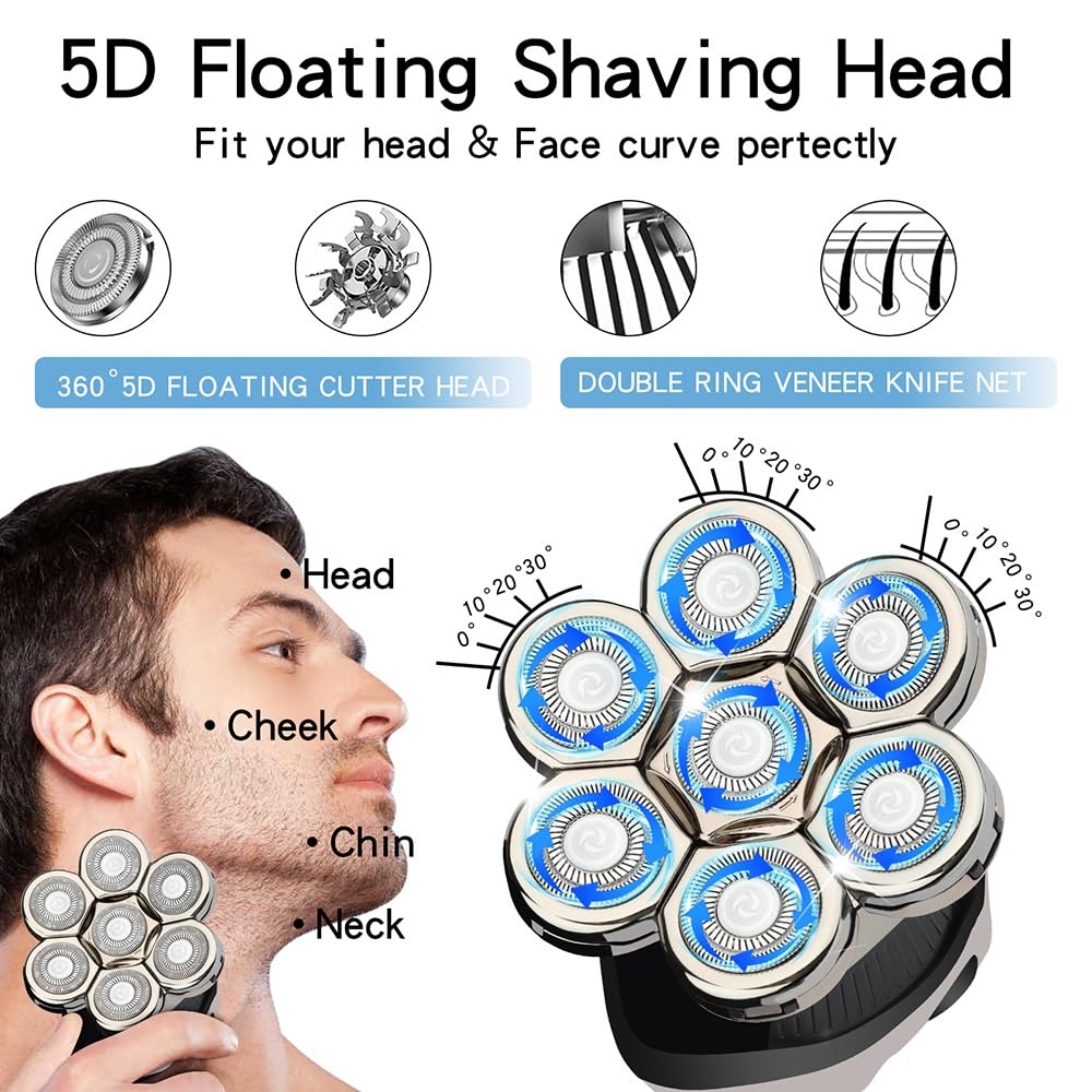 7D Electric Head Shaver for Bald Men - Cordless Waterproof Rechargeable Shaver with LCD Display | Men's Grooming Kit for Smooth Head Shaving at Home, Gym or Travel