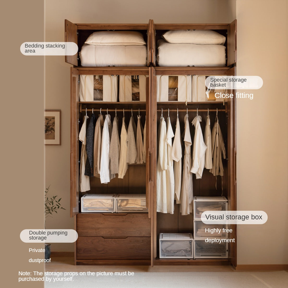 Solid Black Walnut Wood Large Wardrobe - Spacious Closet Organizer for Bedroom, Walk-in Closet & Master Suite Storage