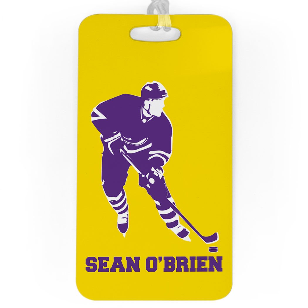 Personalized Hockey Player Name Luggage Tag - Large Yellow & Purple Hockey Bag Tag with Standard Lines - Perfect for Hockey Travel Gear & Sports Equipment Identification