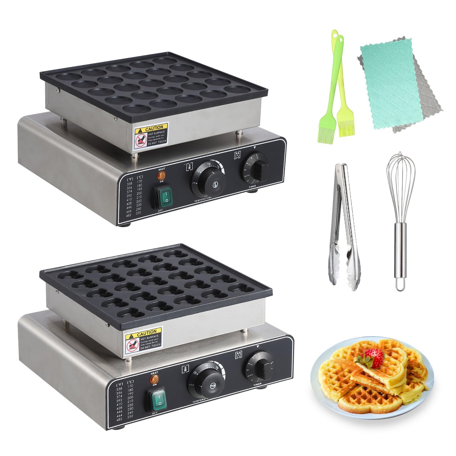 25 Hole & 25 Heart Waffle Maker - Commercial Electric Nonstick Mini Muffin Maker with 50-300°C Temperature Control - 1.8