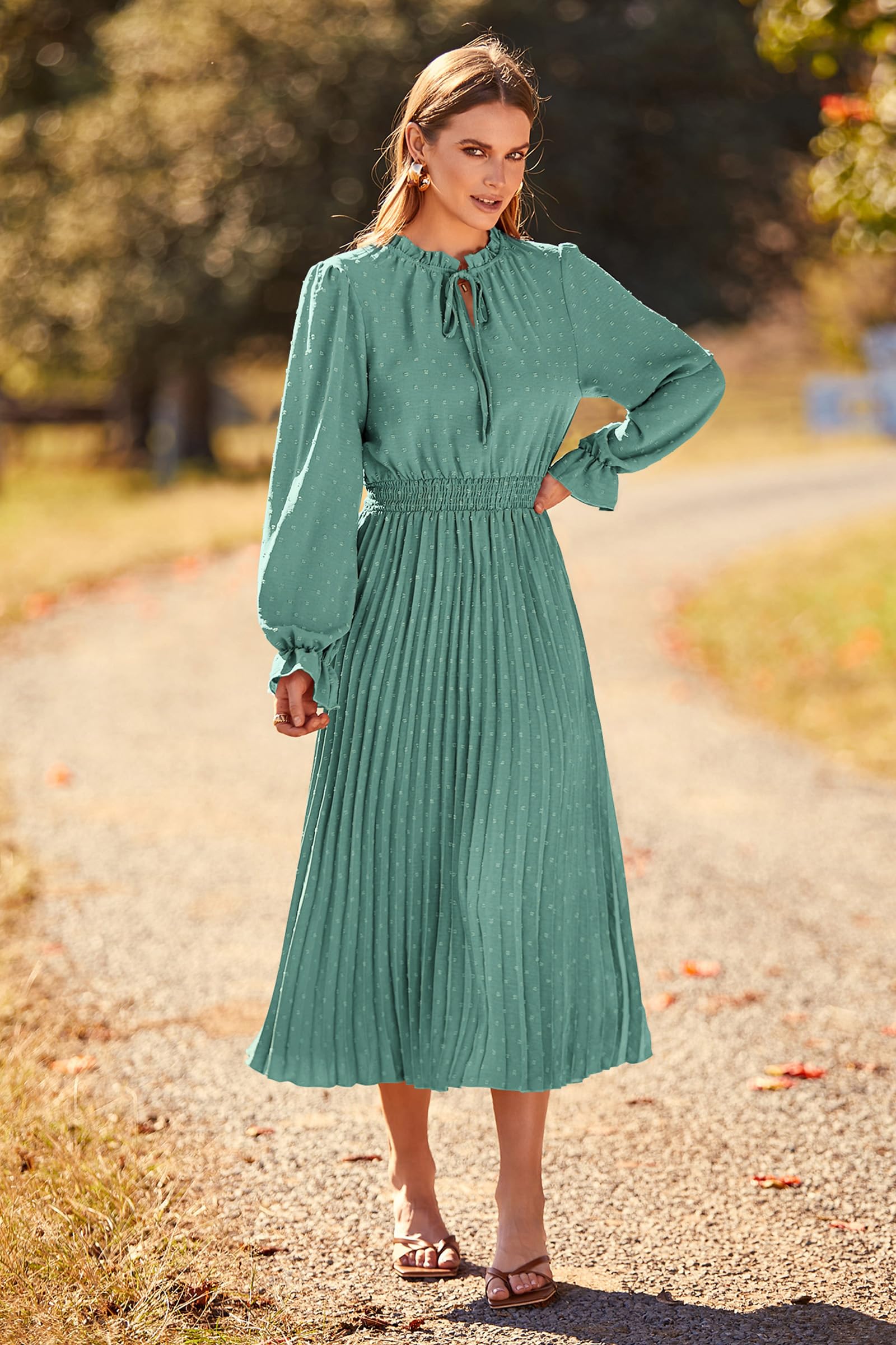 PRETTYGARDEN Women's 2025 Spring Fall Midi Dress - Long Sleeve V-Neck Swiss Dot Pleated A-Line Flowy Casual Dress for Work, Party & Date Night | Elegant Office Wear & Special Occasion Outfit