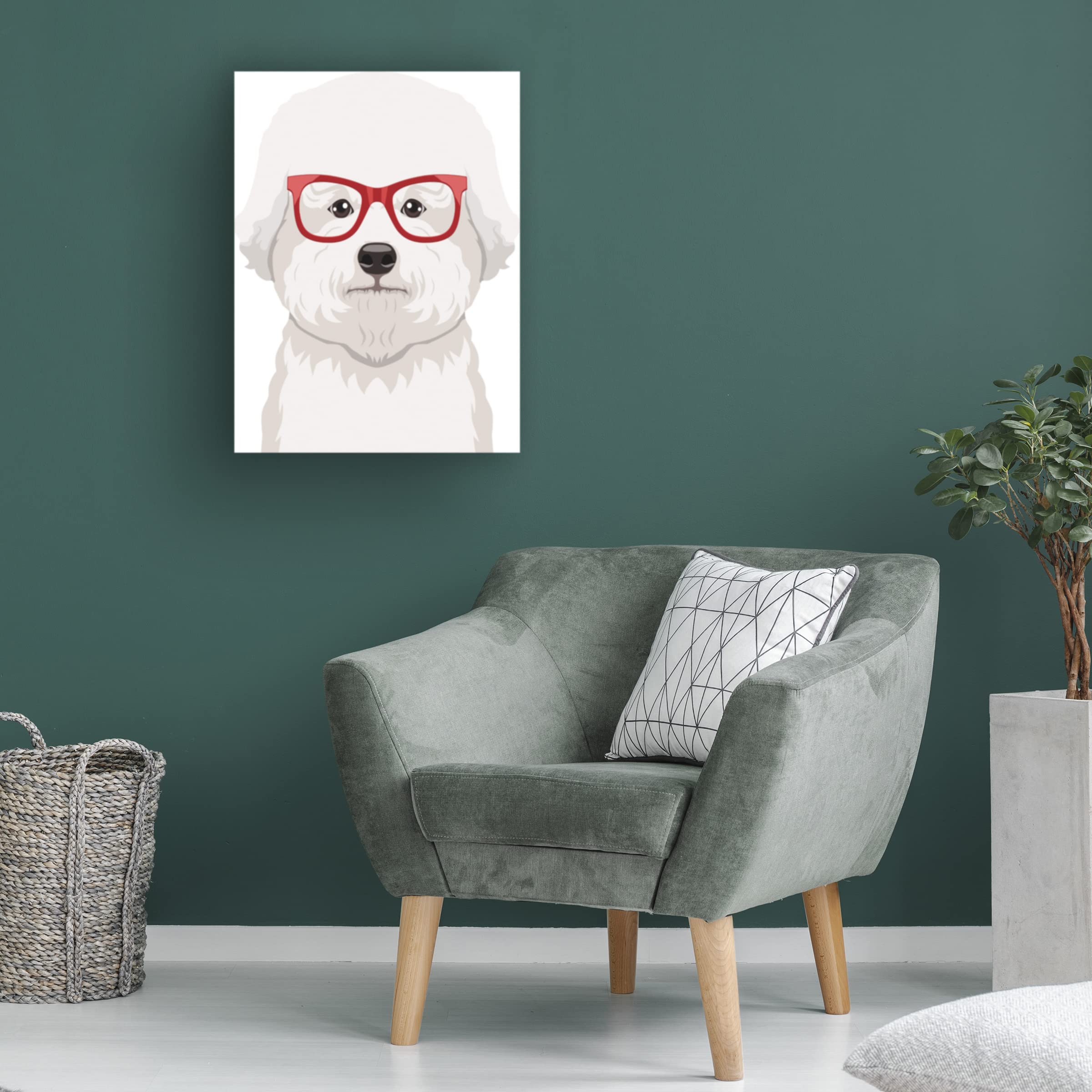 Bichon Wearing Hipster Glasses Canvas Wall Art - Modern Dog Portrait Painting for Home & Office Decor - Perfect Gift for Pet Lovers