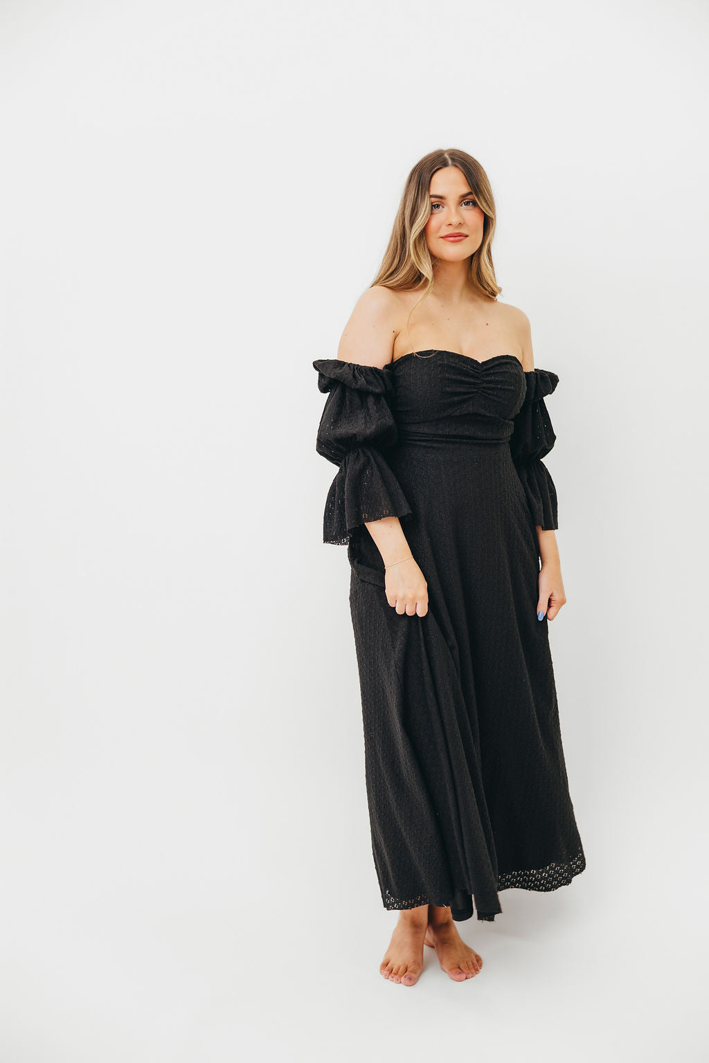 Corrine Tiered Sleeve Maxi Dress with Pockets - Bump Friendly Maternity Dress in Black | Perfect for Pregnancy, Nursing, and Special Occasions
